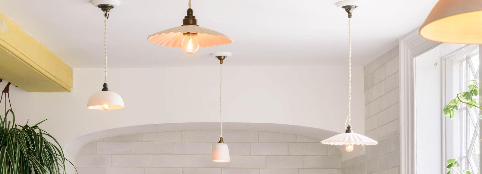 White Funnel Ceiling Pendant Lamp Over Kitchen Tableware 