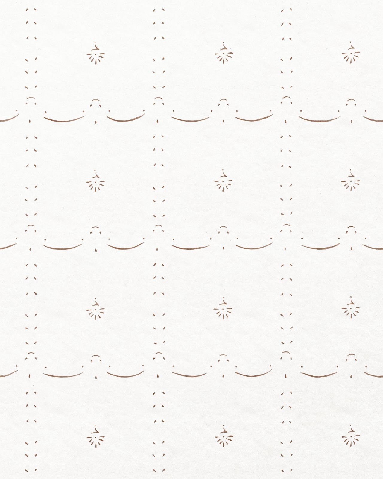 An off-white wallpaper with a delicate hand-painted pattern in a sepia colour.